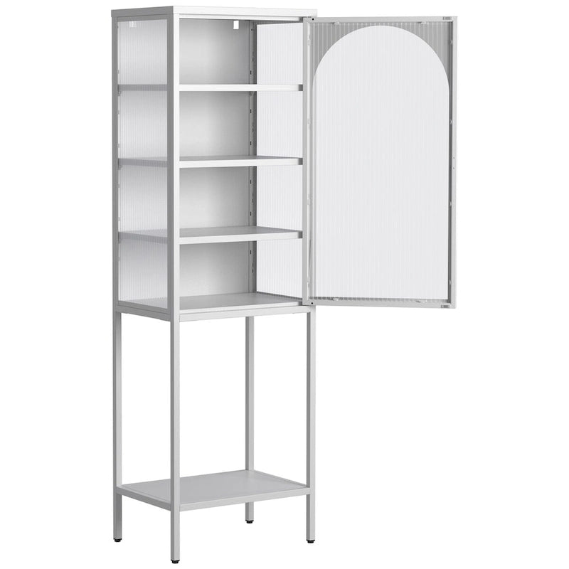 Tall Metal Display Cabinet with Arched Ribbed Glass Door Adjustable Shelves White Black