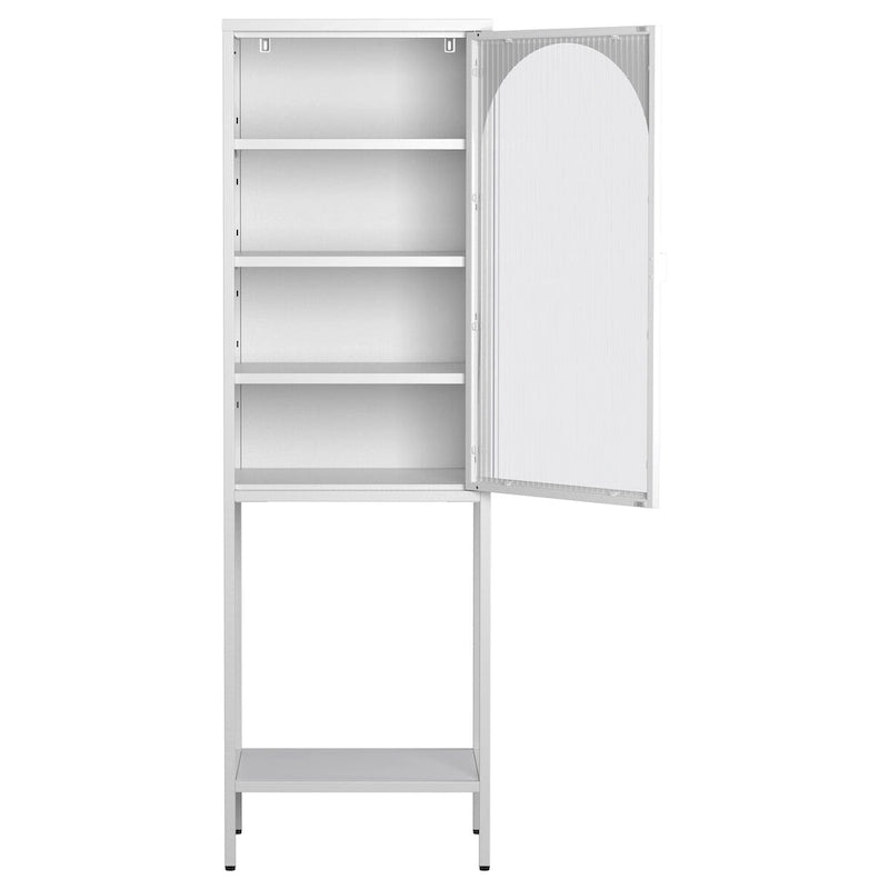 Tall Metal Display Cabinet with Arched Ribbed Glass Door Adjustable Shelves White Black