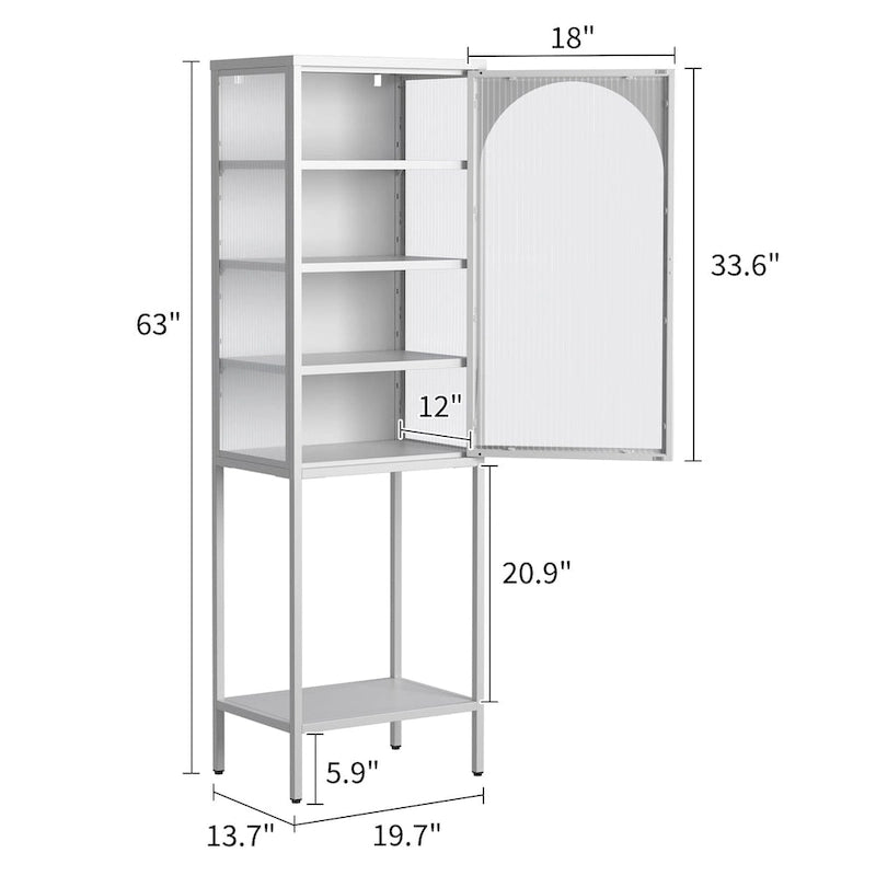 Tall Metal Display Cabinet with Arched Ribbed Glass Door Adjustable Shelves White Black