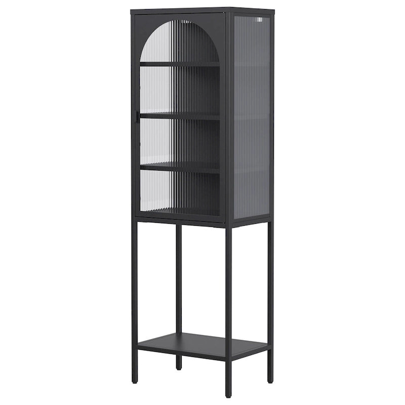 Tall Metal Display Cabinet with Arched Ribbed Glass Door Adjustable Shelves White Black