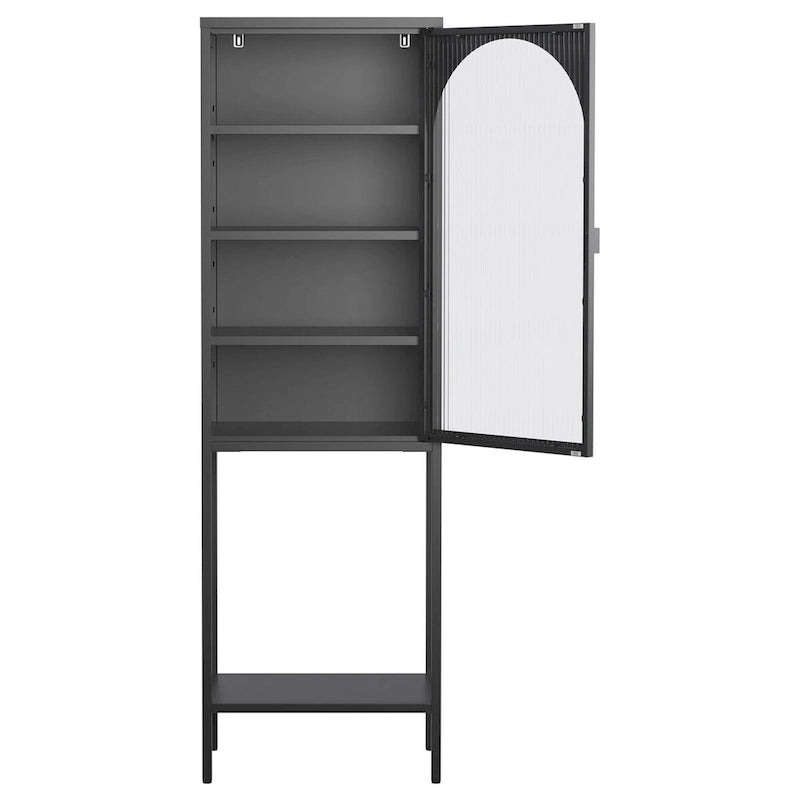 Tall Metal Display Cabinet with Arched Ribbed Glass Door Adjustable Shelves White Black
