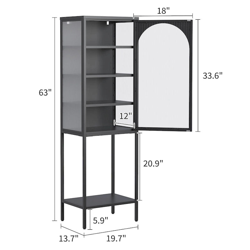 Tall Metal Display Cabinet with Arched Ribbed Glass Door Adjustable Shelves White Black