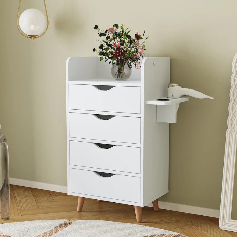 4-Drawer Storage Cabinet with Open Shelf and Solid Wood Legs, White & Pink