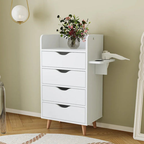4-Drawer Storage Cabinet with Open Shelf and Solid Wood Legs, White & Pink
