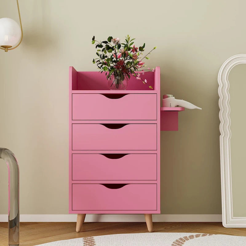4-Drawer Storage Cabinet with Open Shelf and Solid Wood Legs, White & Pink