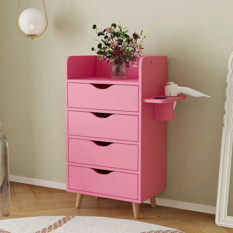 4-Drawer Storage Cabinet with Open Shelf and Solid Wood Legs, White & Pink