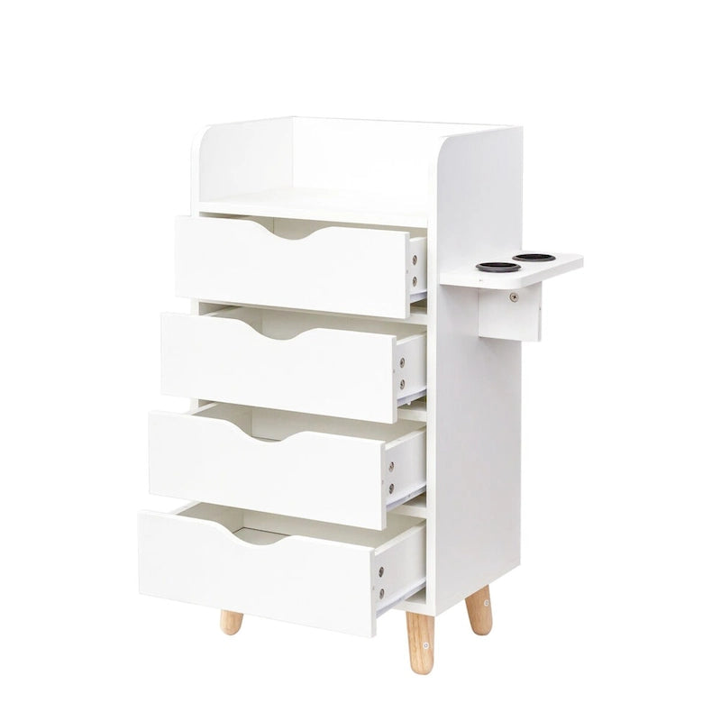 4-Drawer Storage Cabinet with Open Shelf and Solid Wood Legs, White & Pink
