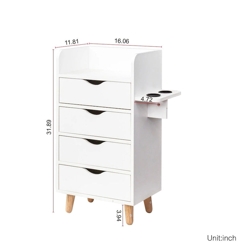 4-Drawer Storage Cabinet with Open Shelf and Solid Wood Legs, White & Pink