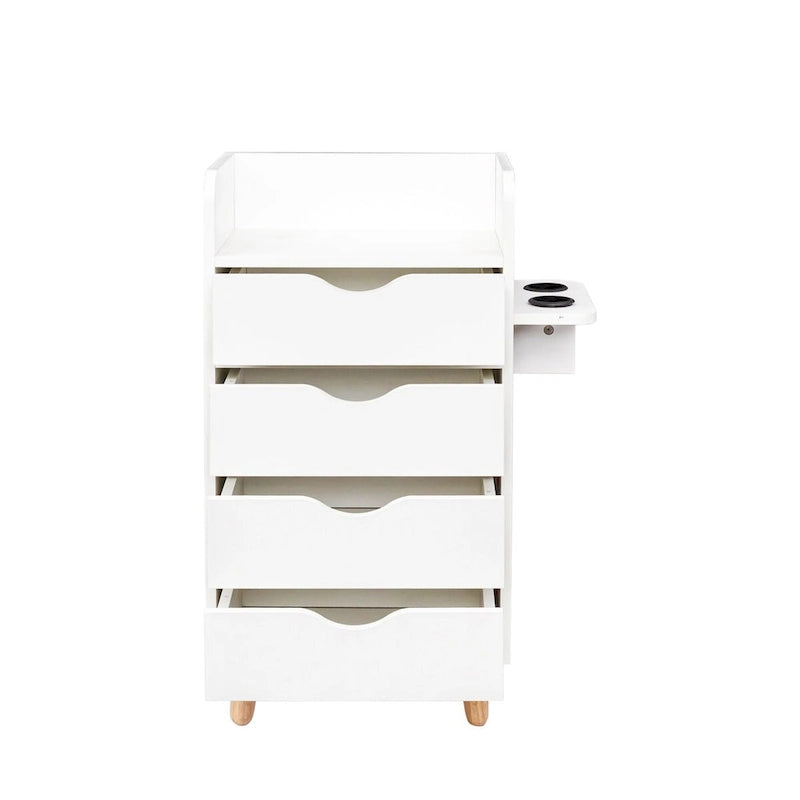 4-Drawer Storage Cabinet with Open Shelf and Solid Wood Legs, White & Pink