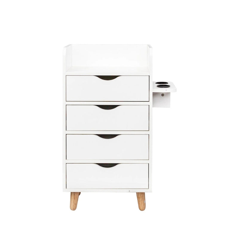 4-Drawer Storage Cabinet with Open Shelf and Solid Wood Legs, White & Pink