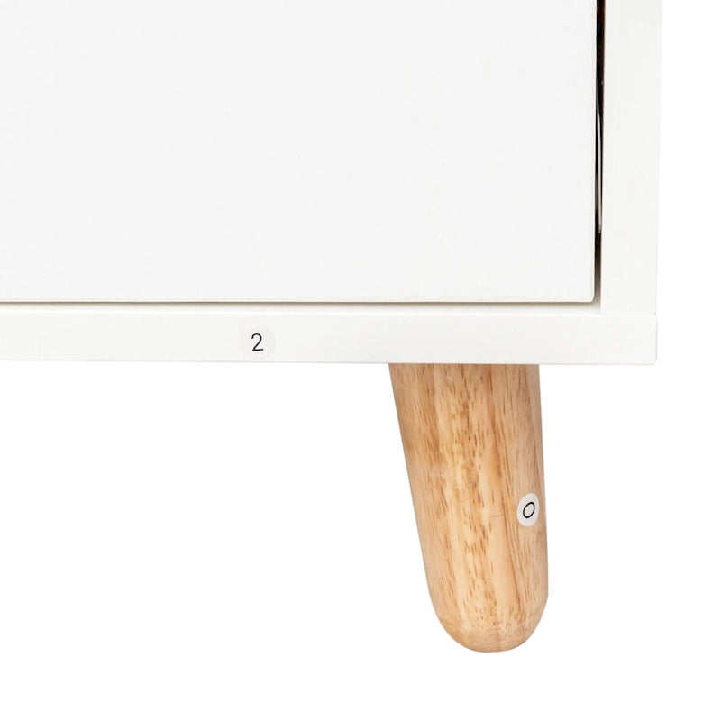 4-Drawer Storage Cabinet with Open Shelf and Solid Wood Legs, White & Pink
