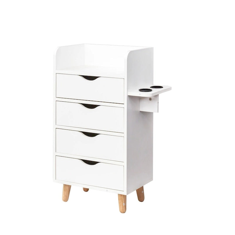 4-Drawer Storage Cabinet with Open Shelf and Solid Wood Legs, White & Pink