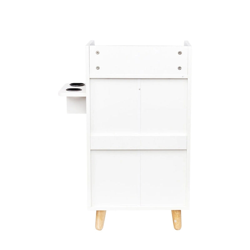 4-Drawer Storage Cabinet with Open Shelf and Solid Wood Legs, White & Pink