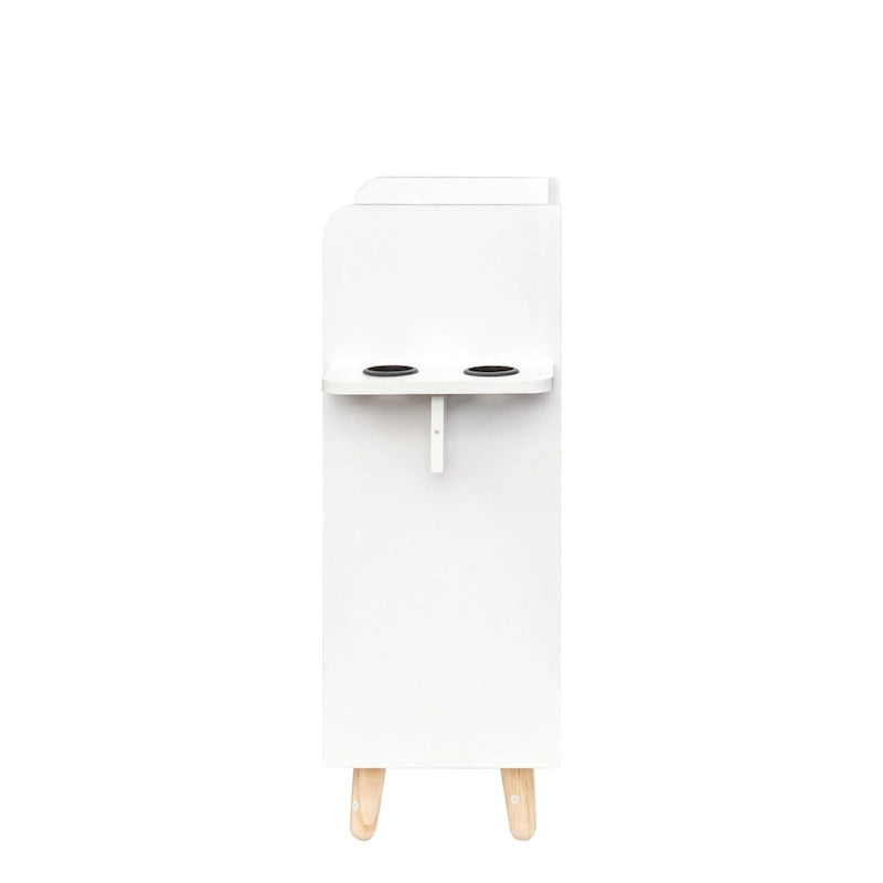 4-Drawer Storage Cabinet with Open Shelf and Solid Wood Legs, White & Pink