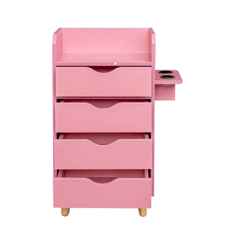 4-Drawer Storage Cabinet with Open Shelf and Solid Wood Legs, White & Pink