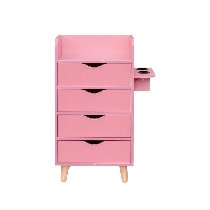 4-Drawer Storage Cabinet with Open Shelf and Solid Wood Legs, White & Pink