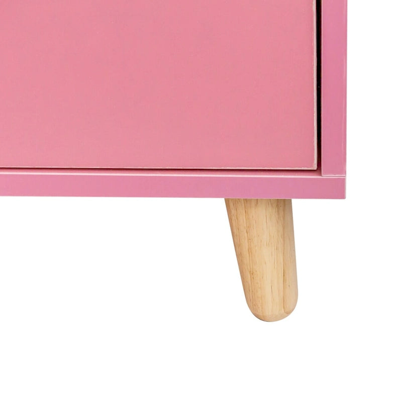 4-Drawer Storage Cabinet with Open Shelf and Solid Wood Legs, White & Pink