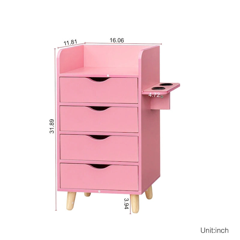 4-Drawer Storage Cabinet with Open Shelf and Solid Wood Legs, White & Pink