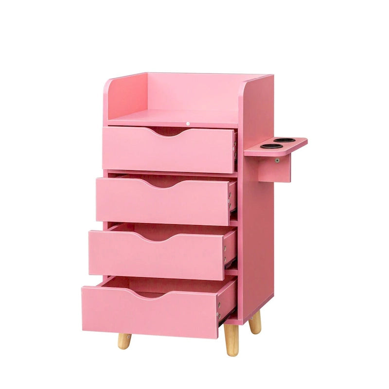 4-Drawer Storage Cabinet with Open Shelf and Solid Wood Legs, White & Pink
