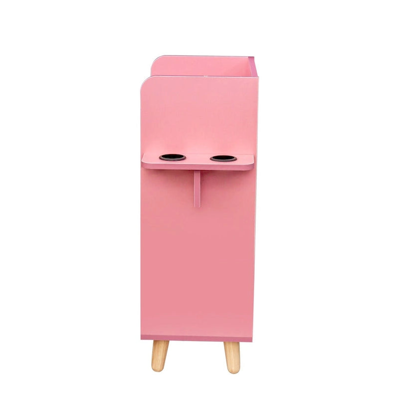 4-Drawer Storage Cabinet with Open Shelf and Solid Wood Legs, White & Pink