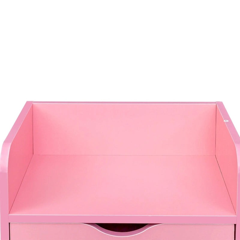 4-Drawer Storage Cabinet with Open Shelf and Solid Wood Legs, White & Pink