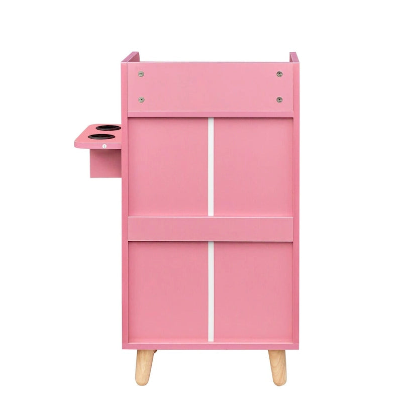 4-Drawer Storage Cabinet with Open Shelf and Solid Wood Legs, White & Pink