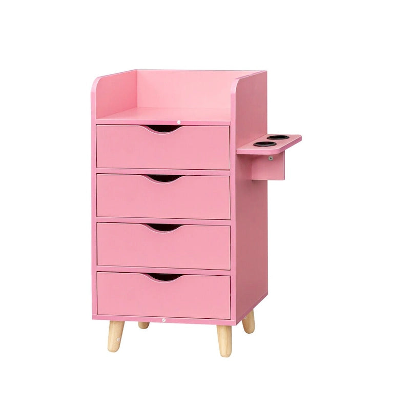 4-Drawer Storage Cabinet with Open Shelf and Solid Wood Legs, White & Pink
