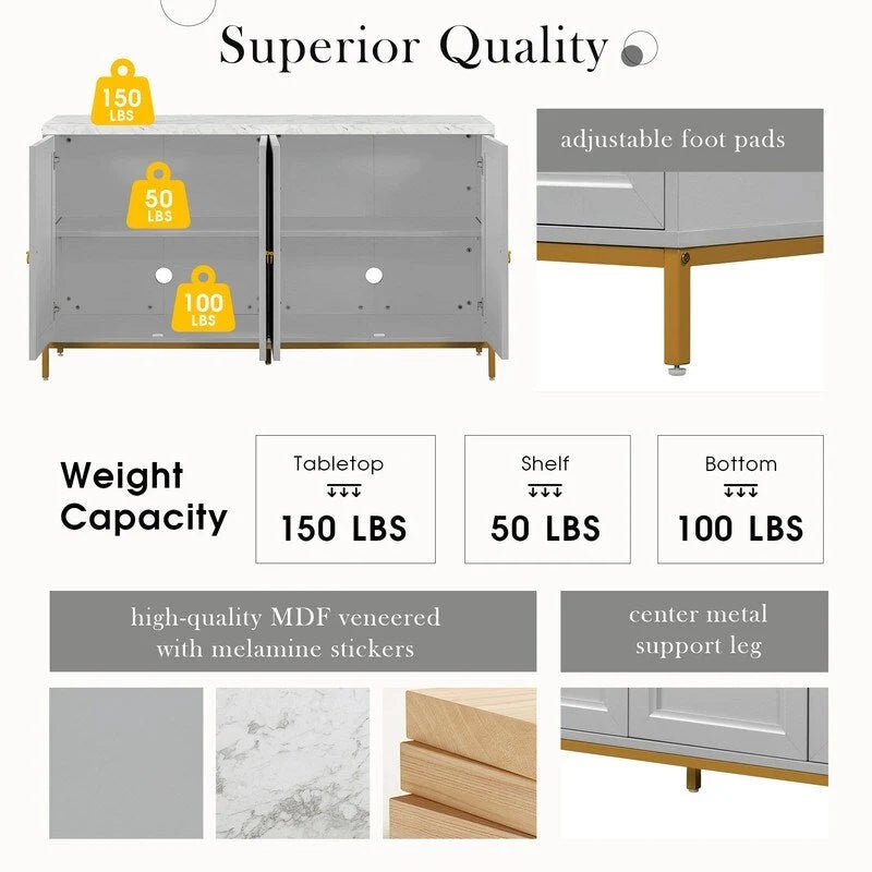 Modern Sideboard with Extra Large Storage Space with Metal Handles and Support Legs for Living Room and Dining Roo