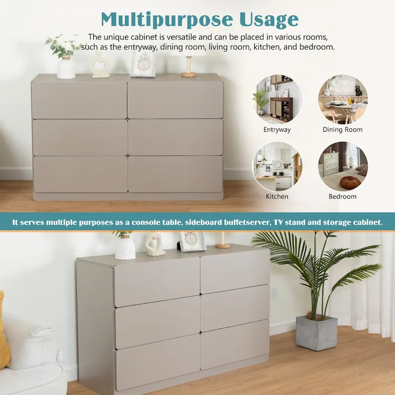 Six-Drawer Dresser Storage Chest Wide Bedroom Organizer Cabinet Gray
