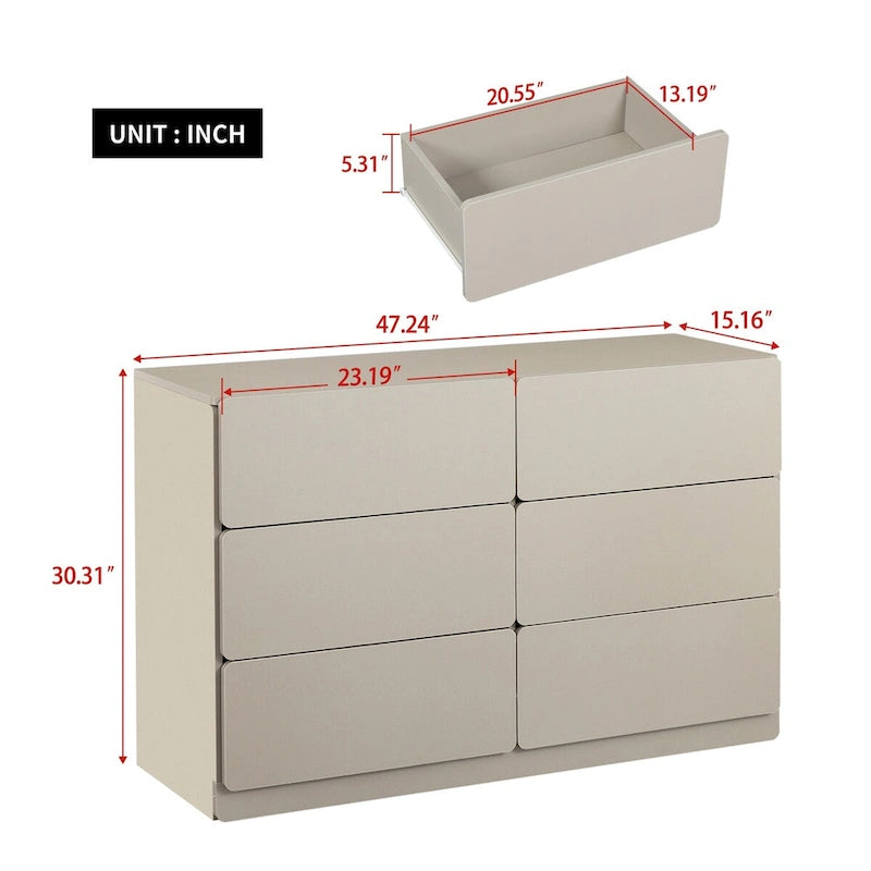 Six-Drawer Dresser Storage Chest Wide Bedroom Organizer Cabinet Gray