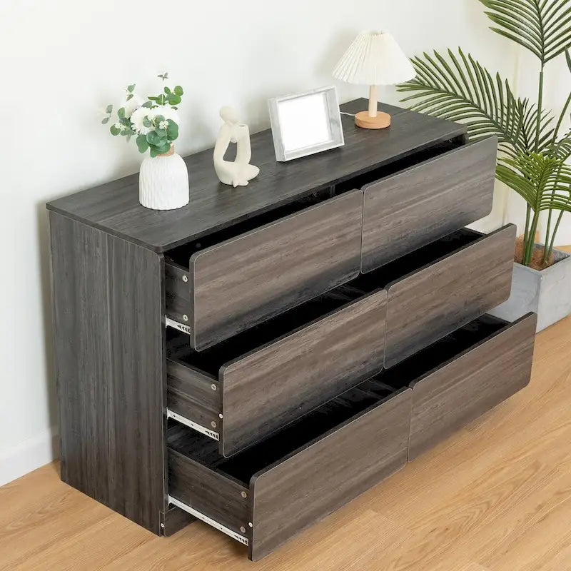 Six-Drawer Dresser Storage Chest Wide Bedroom Organizer Cabinet Gray
