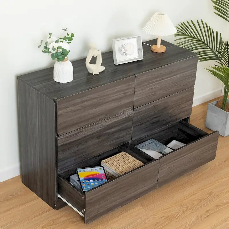 Six-Drawer Dresser Storage Chest Wide Bedroom Organizer Cabinet Gray