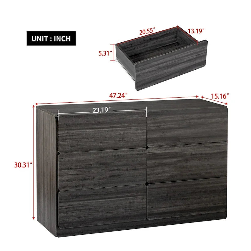 Six-Drawer Dresser Storage Chest Wide Bedroom Organizer Cabinet Gray