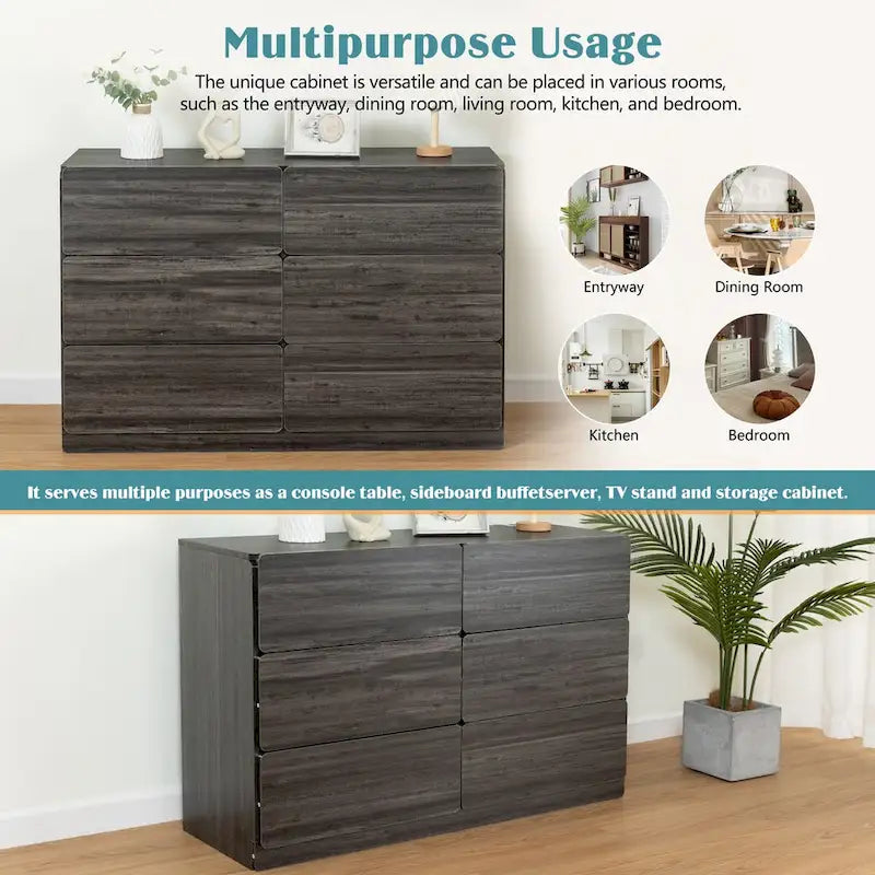 Six-Drawer Dresser Storage Chest Wide Bedroom Organizer Cabinet Gray