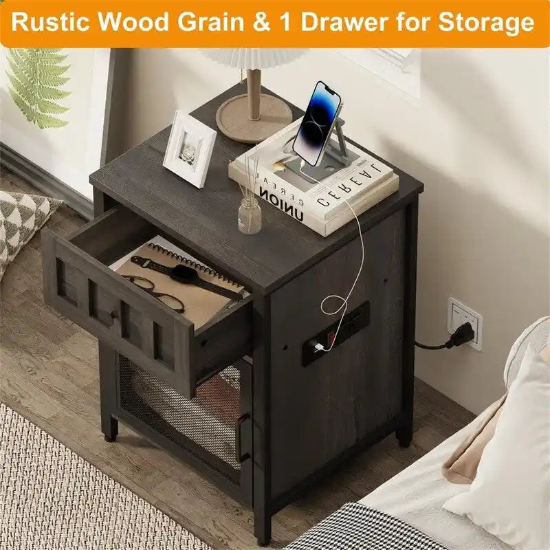 Rustic Walnut Brown End Table with USB Charging Station and Drawer