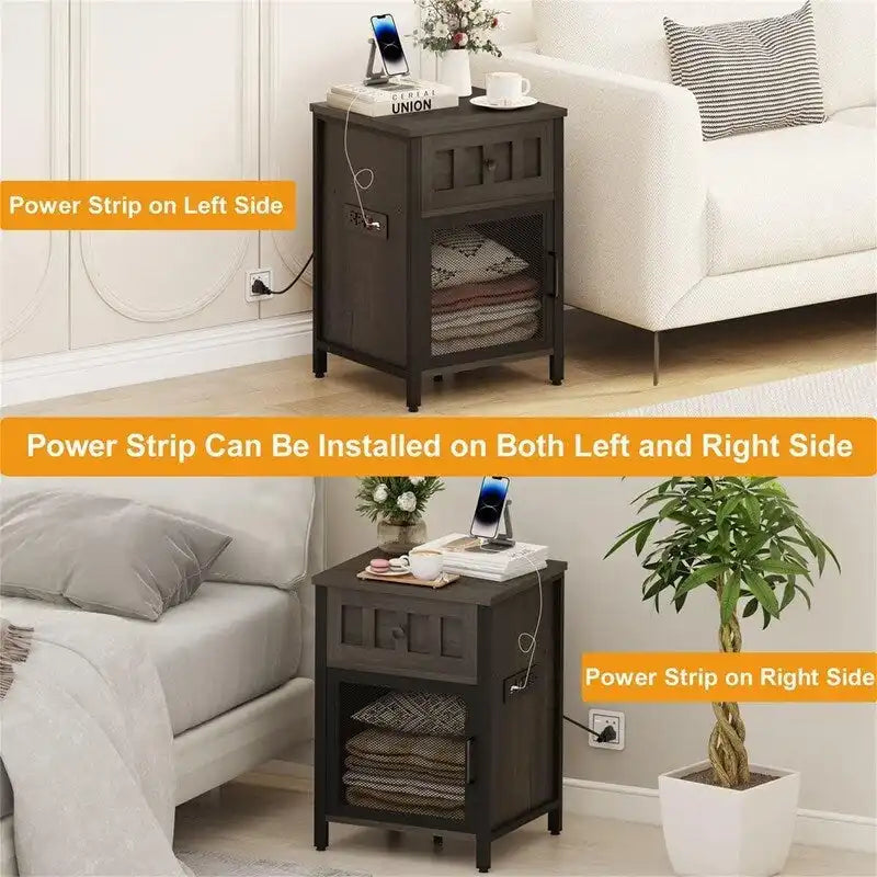 Rustic Walnut Brown End Table with USB Charging Station and Drawer