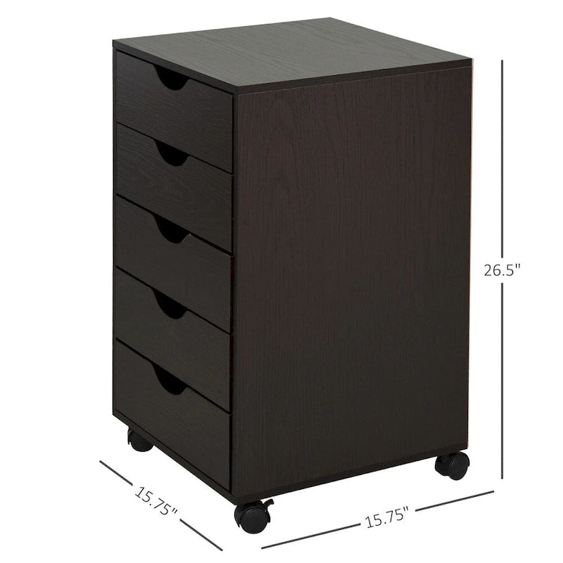 5-Drawer Rolling File Cabinet with Wheels, Wood Storage Organizer, Brown