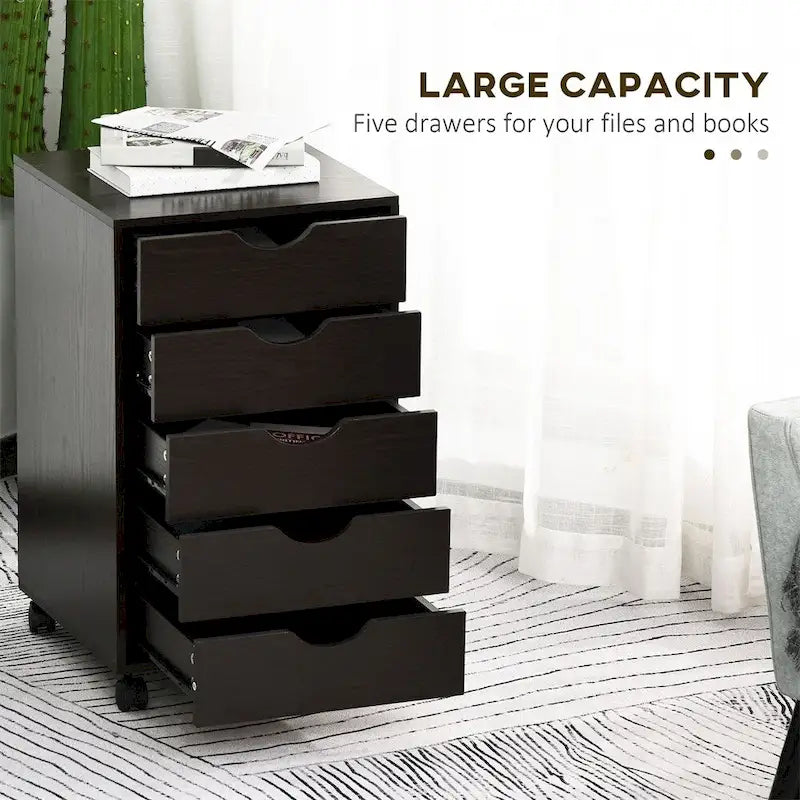 5-Drawer Rolling File Cabinet with Wheels, Wood Storage Organizer, Brown