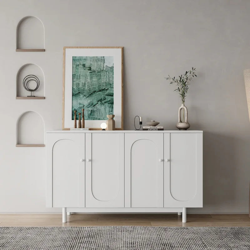 4-Door Intaglio Storage Cabinet with Solid Wood Pulls and Pine Legs, Mint Green