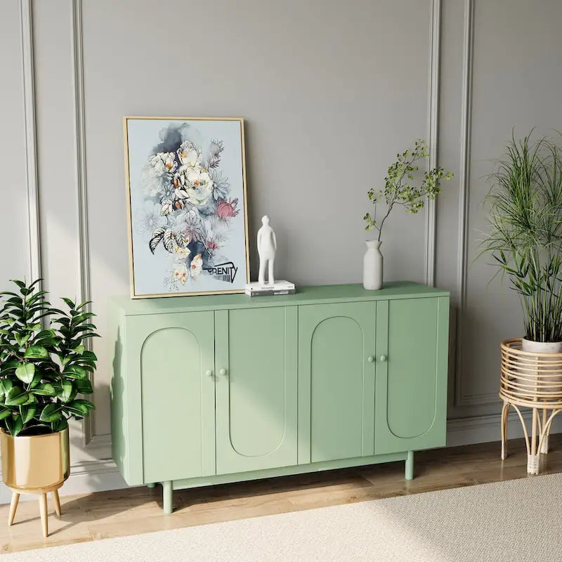 4-Door Intaglio Storage Cabinet with Solid Wood Pulls and Pine Legs, Mint Green
