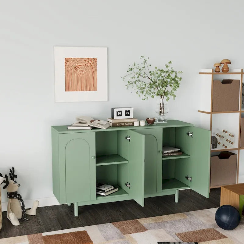 4-Door Intaglio Storage Cabinet with Solid Wood Pulls and Pine Legs, Mint Green