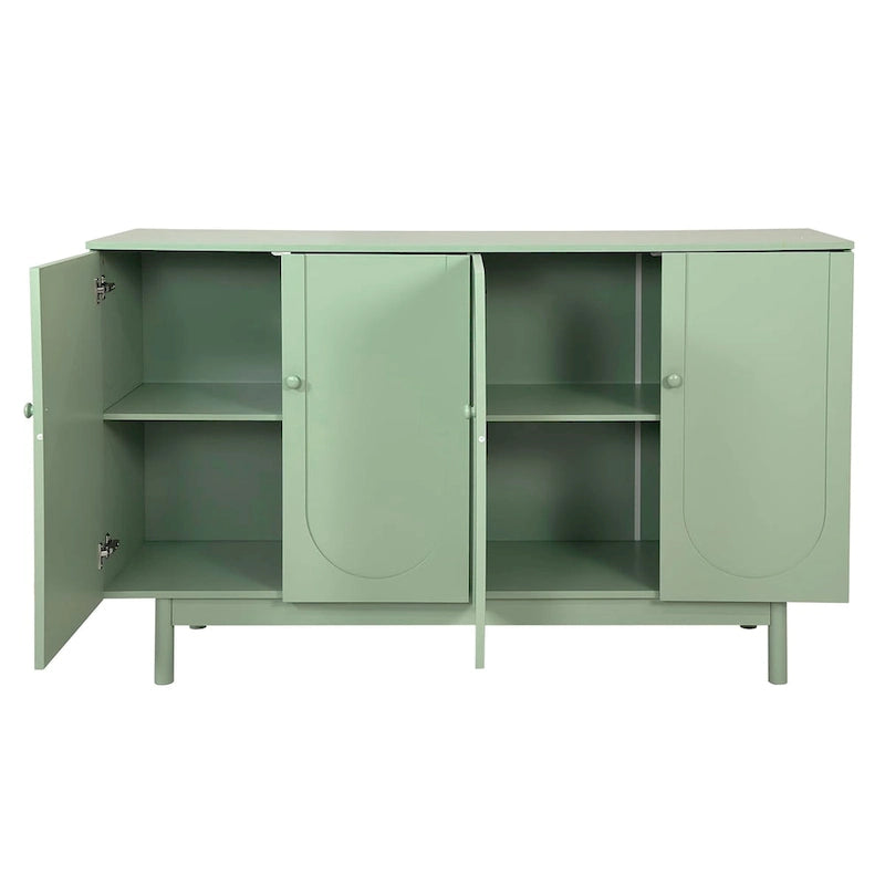 4-Door Intaglio Storage Cabinet with Solid Wood Pulls and Pine Legs, Mint Green