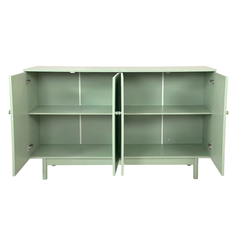 4-Door Intaglio Storage Cabinet with Solid Wood Pulls and Pine Legs, Mint Green