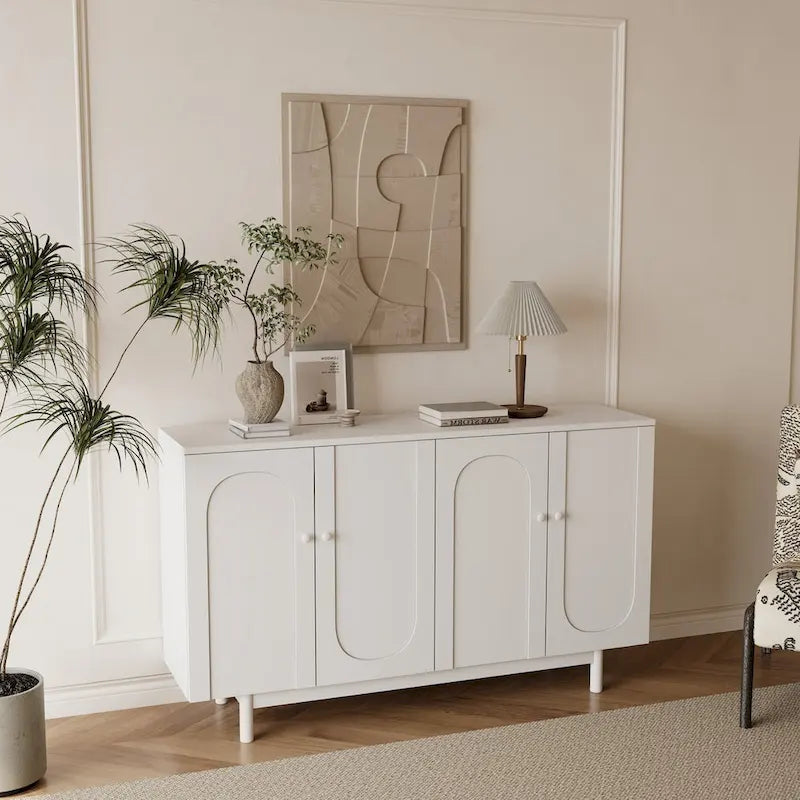 4-Door Intaglio Storage Cabinet with Solid Wood Pulls and Pine Legs, Mint Green