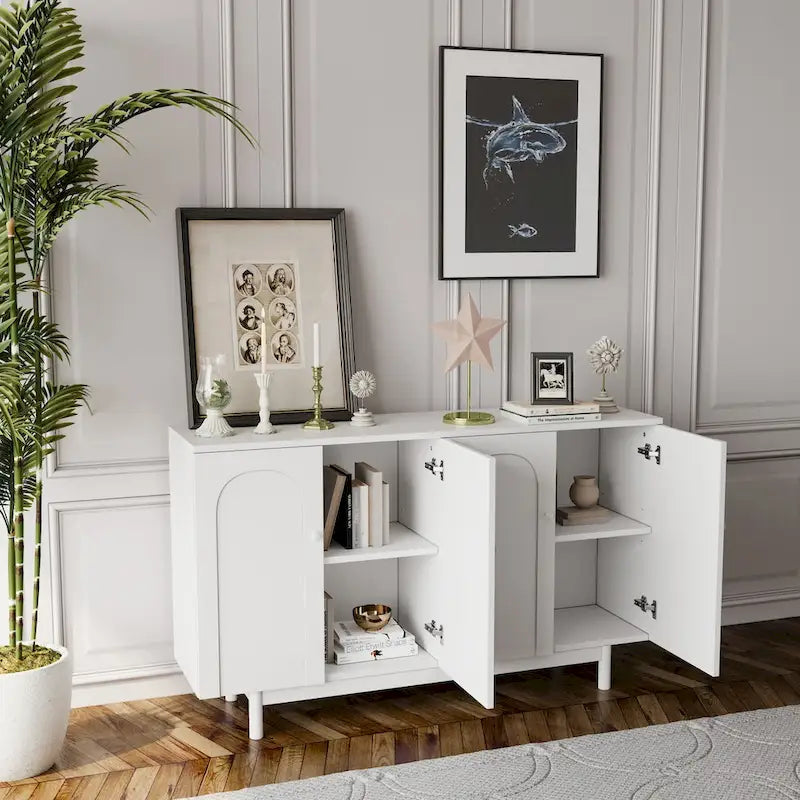 4-Door Intaglio Storage Cabinet with Solid Wood Pulls and Pine Legs, Mint Green
