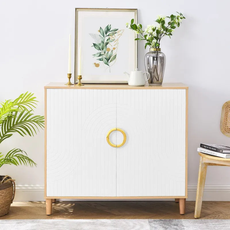 Freestanding Sideboard Buffet Cabinet with Doors Adjustable Shelves Natural Wood White