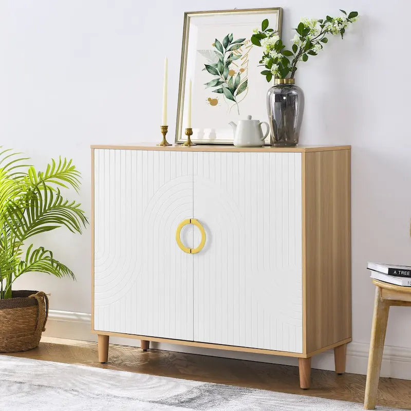 Freestanding Sideboard Buffet Cabinet with Doors Adjustable Shelves Natural Wood White