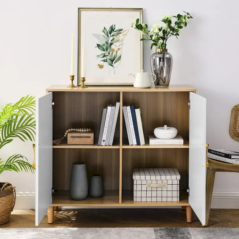 Freestanding Sideboard Buffet Cabinet with Doors Adjustable Shelves Natural Wood White