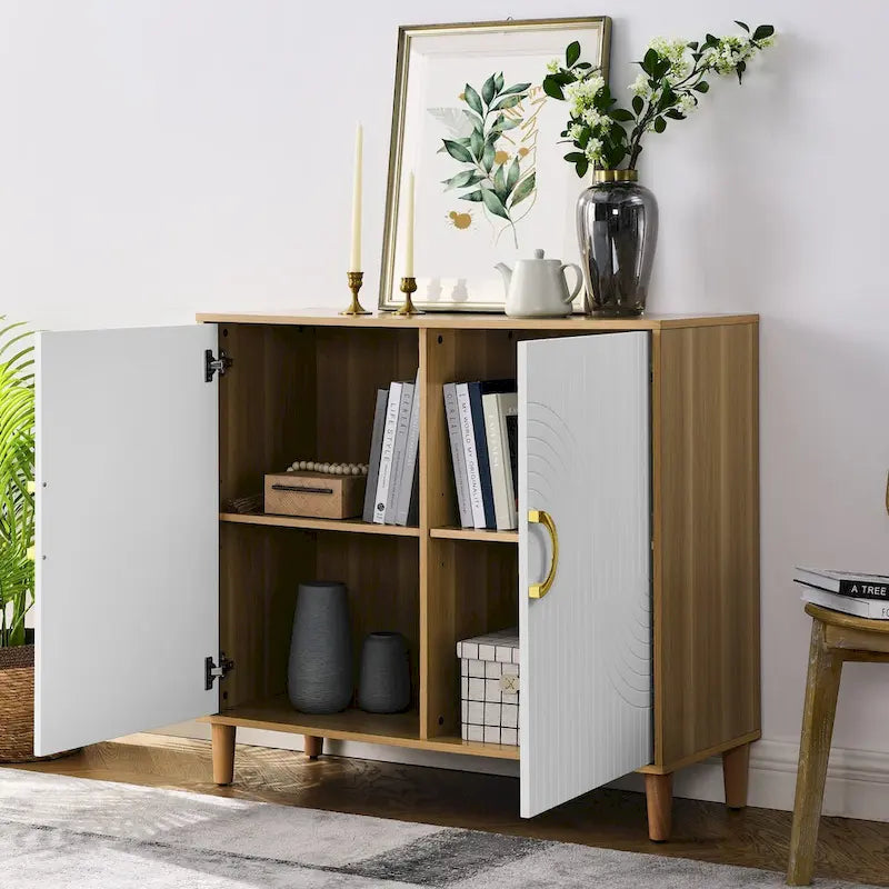 Freestanding Sideboard Buffet Cabinet with Doors Adjustable Shelves Natural Wood White
