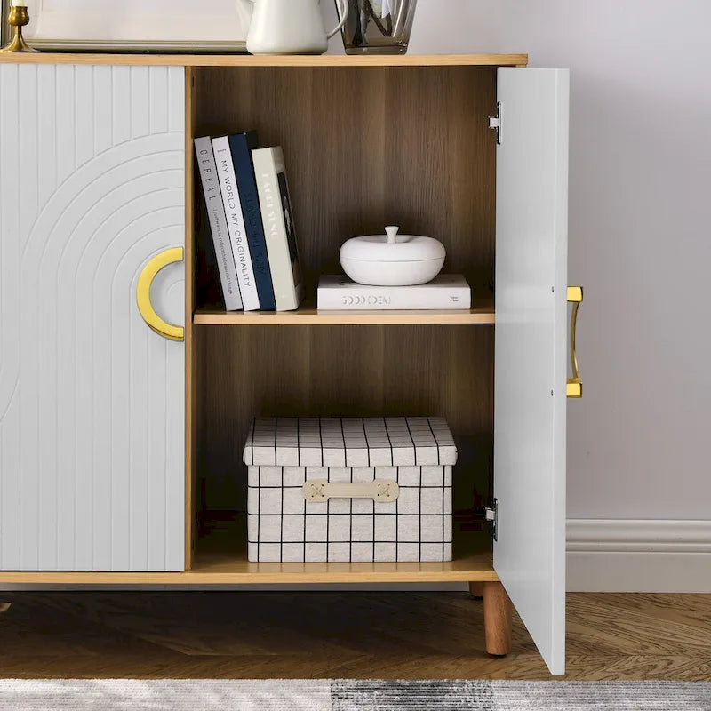 Freestanding Sideboard Buffet Cabinet with Doors Adjustable Shelves Natural Wood White